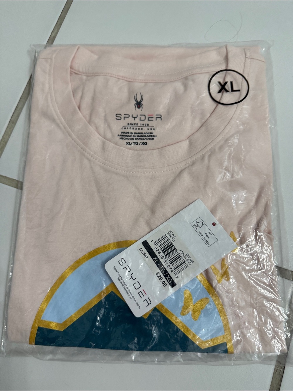 Spyder Light Pink/ Peach Short-Sleeve Graphic Tee with Blue and Gold Accents NWT